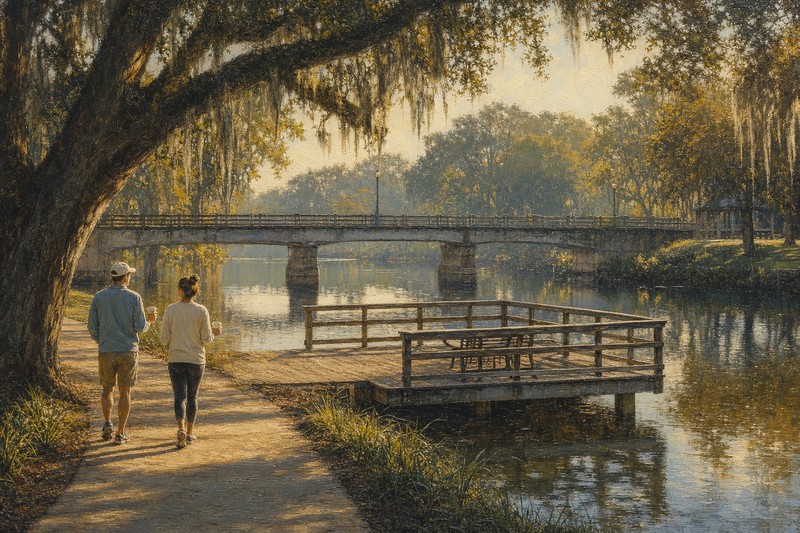 Bayou Teche reflecting trees beside downtown Breaux Bridge