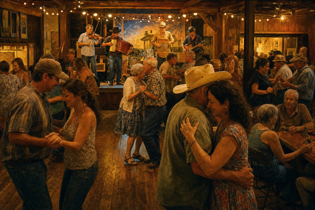 Louisiana musicians performing for dancers beneath a festival stage canopy