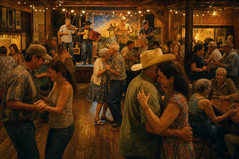 Zydeco musicians and dancers in a warm Breaux Bridge dancehall