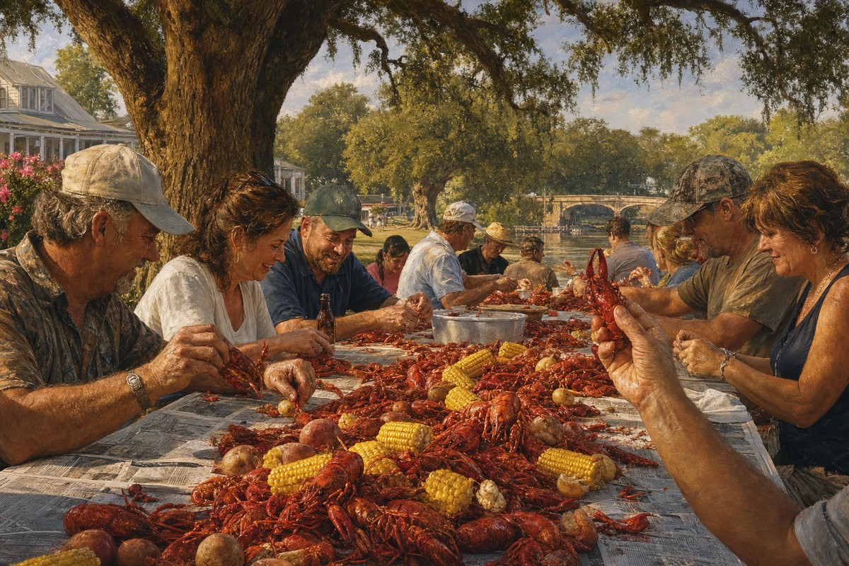 A shared crawfish table with corn, potatoes, and Cajun seasoning