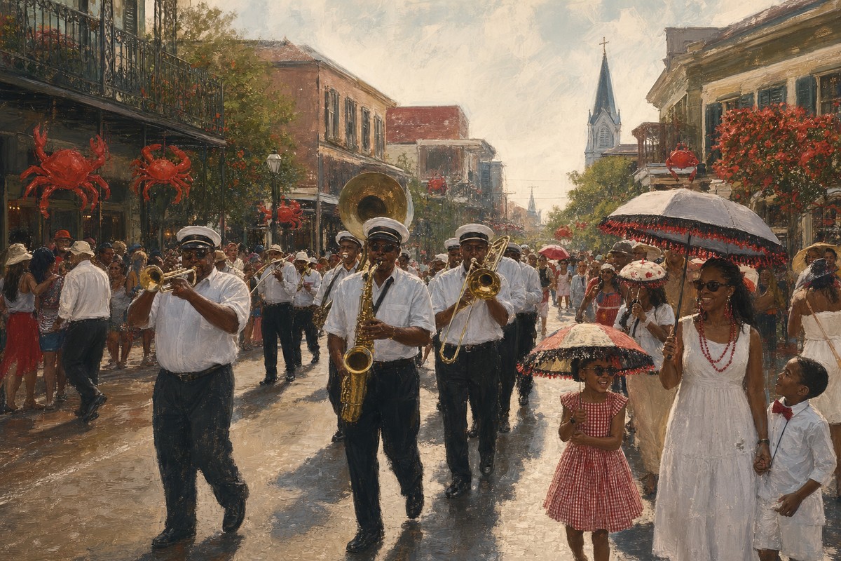 Breaux Bridge festival parade with Louisiana colors, musicians, and spectators