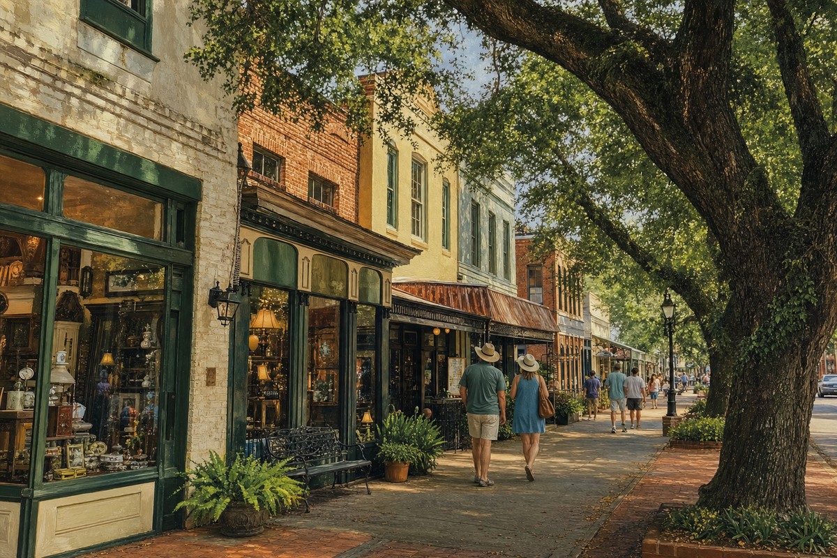 Historic downtown Breaux Bridge storefronts in evening light
