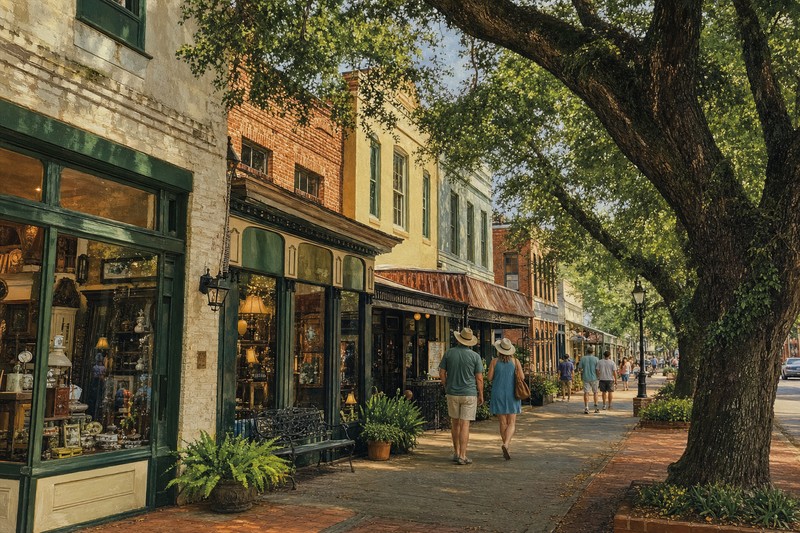 Historic downtown Breaux Bridge storefronts at dusk