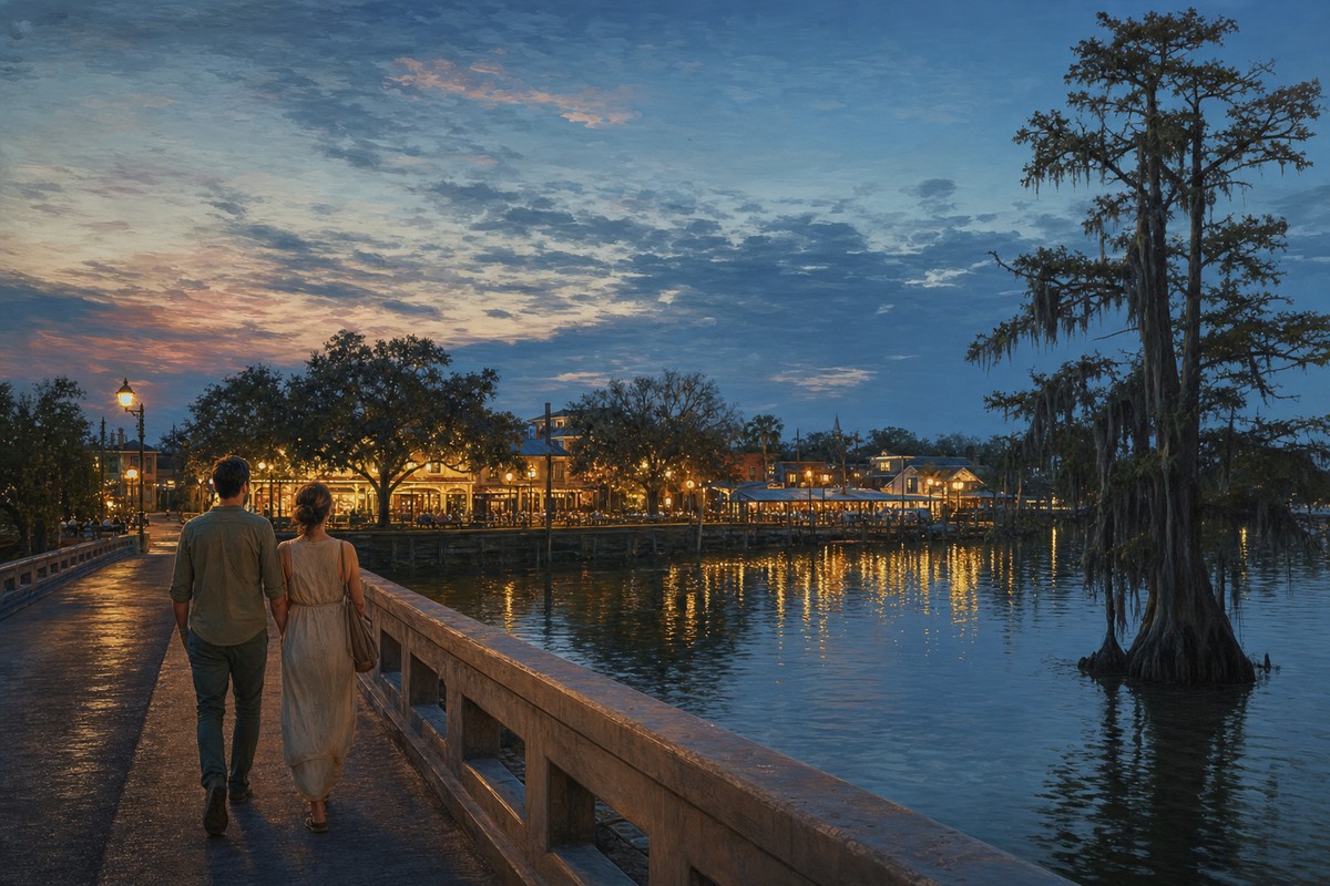 Downtown Breaux Bridge and Bayou Teche in warm weekend light