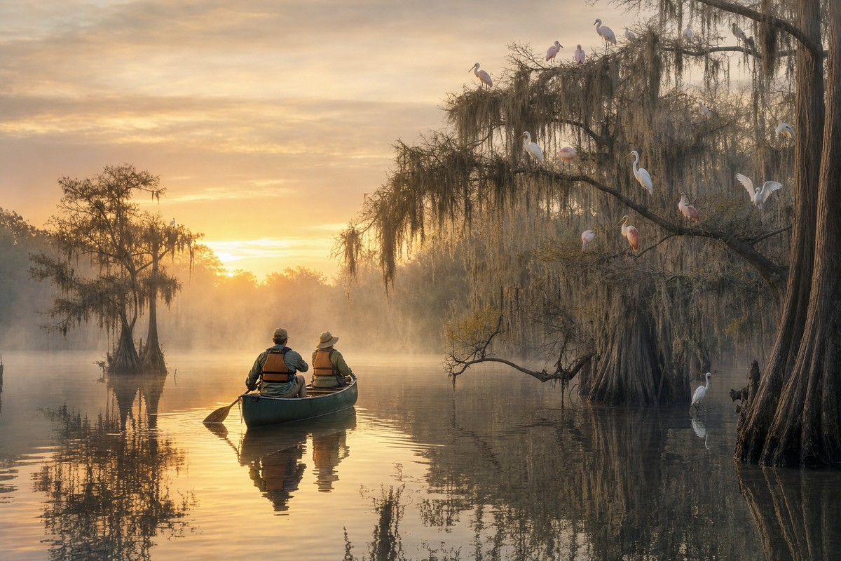 Cypress trees and wading birds reflected in Lake Martin