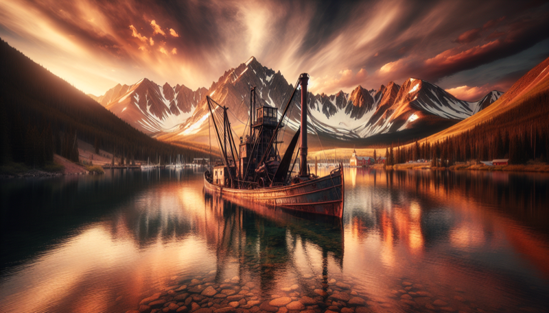 Breckenridge gold mine historical dredge boat in pond with mountains behind