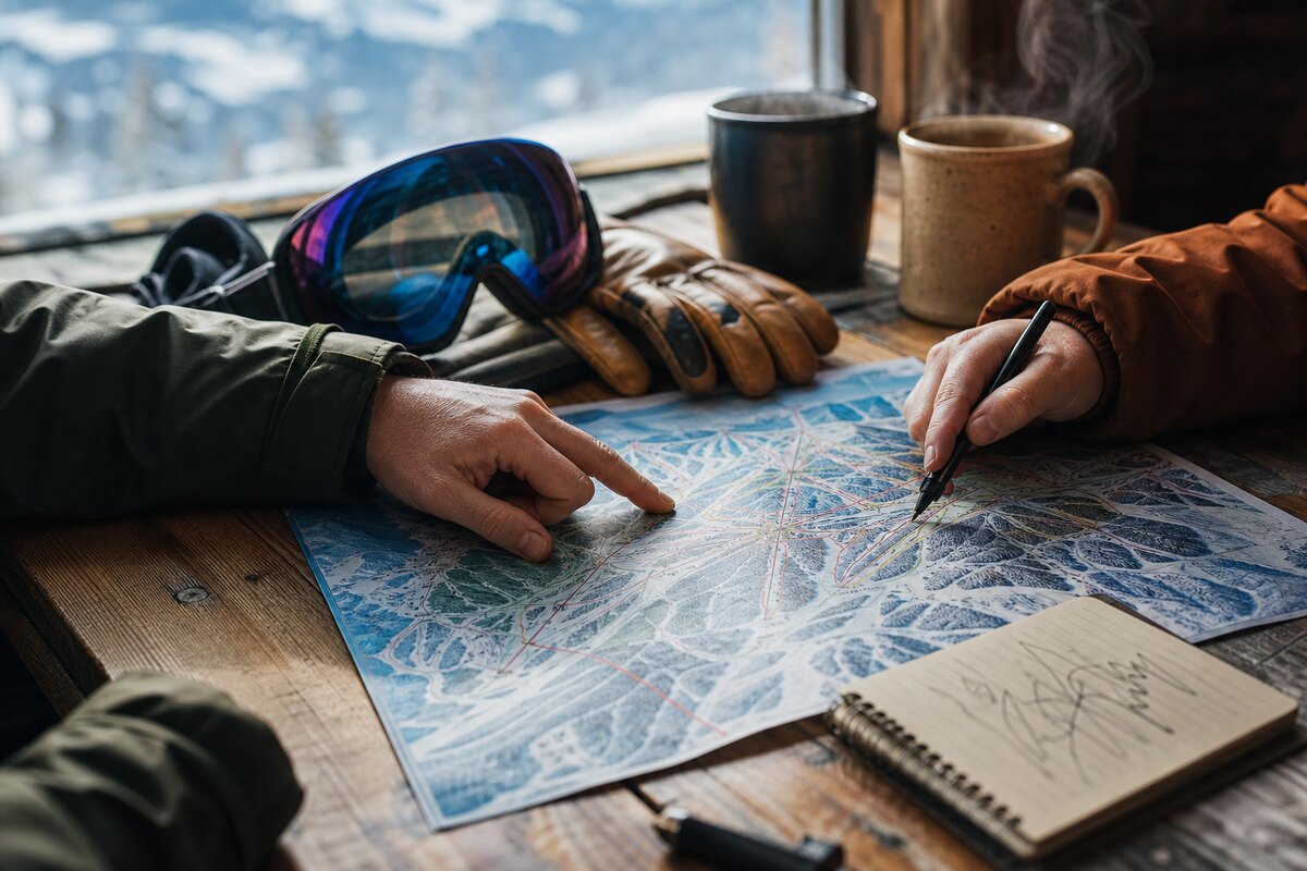 Hands planning a Breckenridge ski day with a trail map