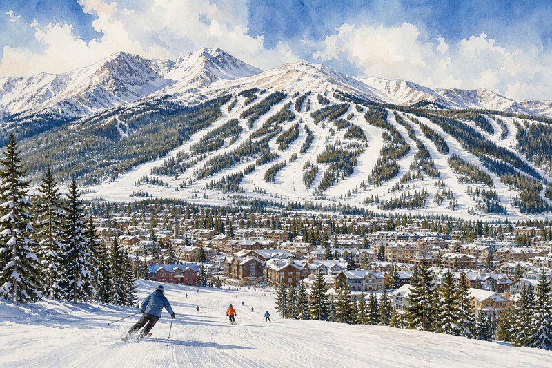 Breckenridge ski runs from above showing blue sky and snowy terrain