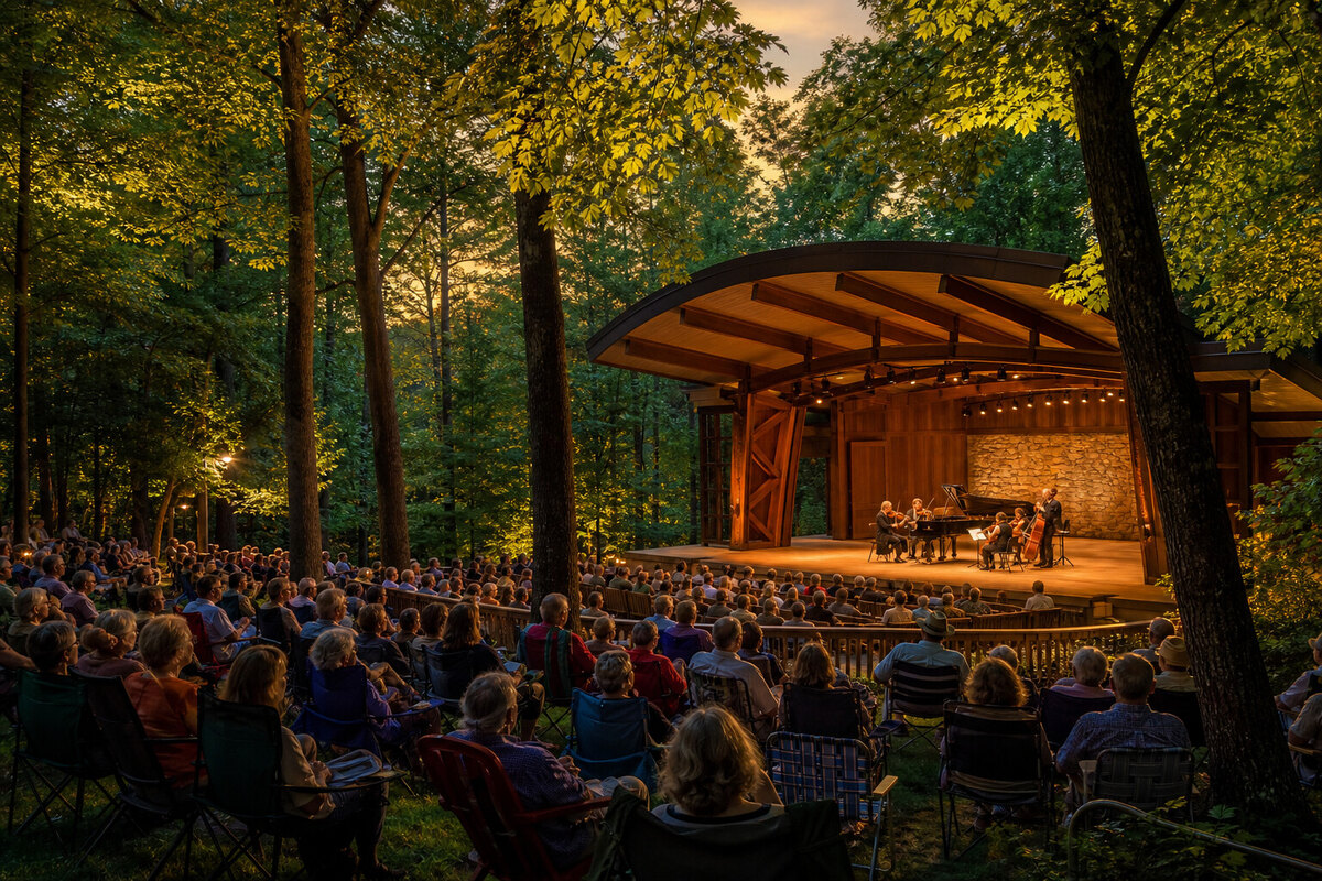 Outdoor music setting in wooded Brevard