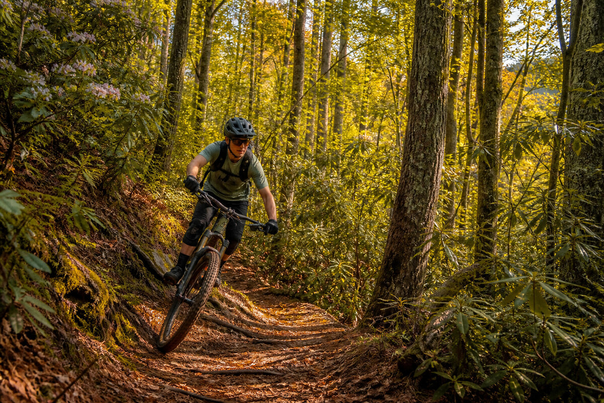 Mountain biker descending the Ridgeline trail in DuPont State Recreational Forest