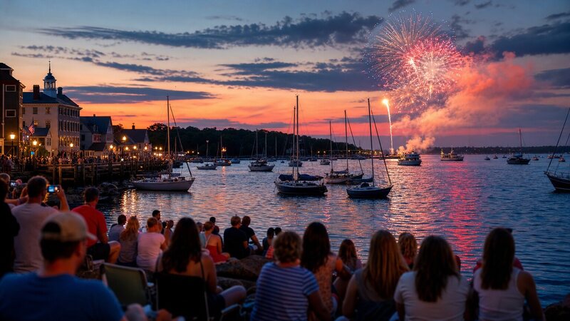 Fireworks over Bristol harbor during Fourth of July week