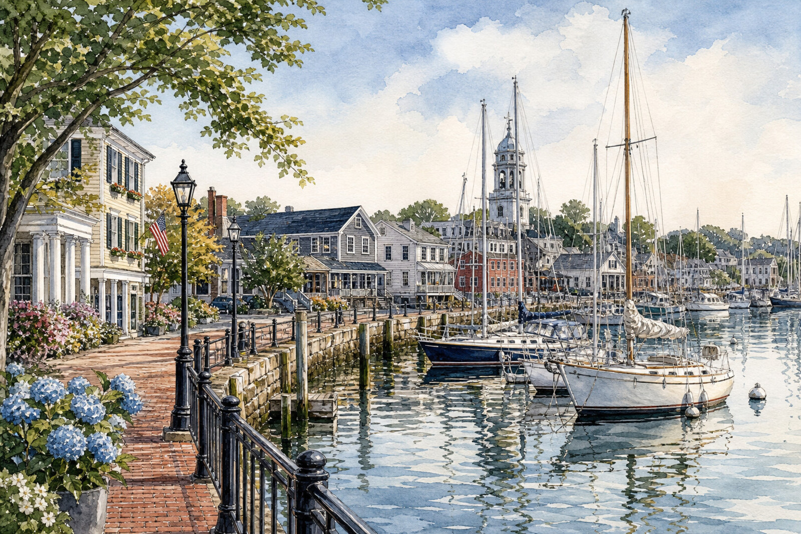 Ink watercolor view of Bristol Rhode Island harbor waterfront