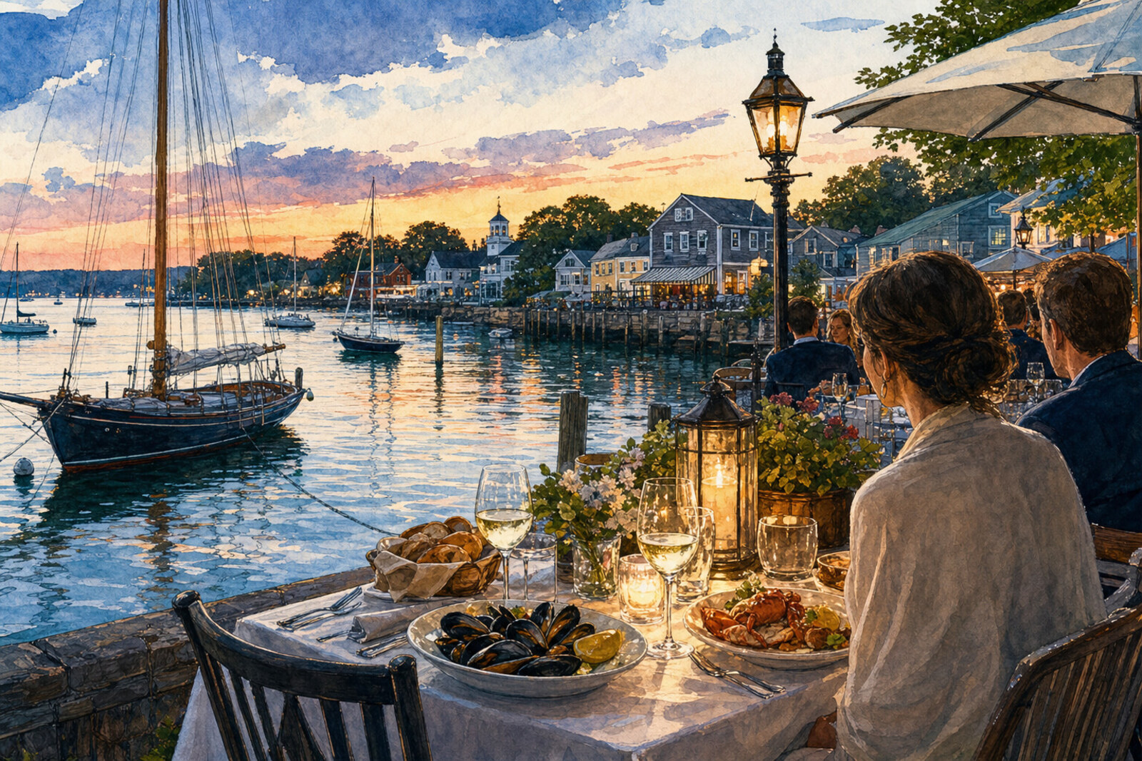 Ink watercolor Bristol waterfront dinner scene