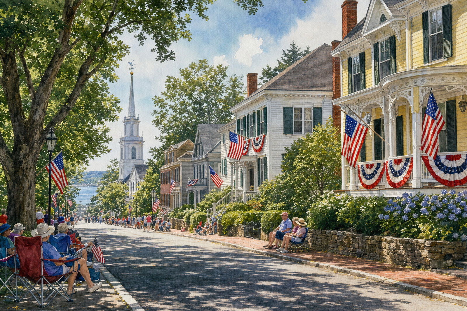 Ink watercolor Bristol Rhode Island Fourth of July parade route