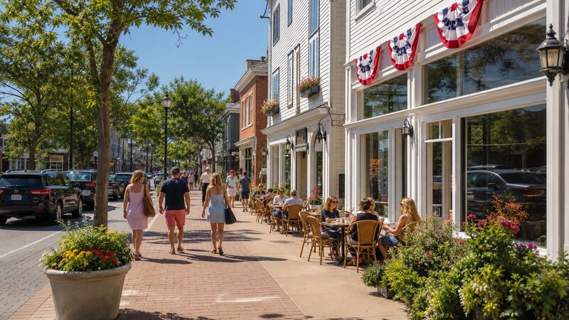 Hope Street shops and cafe tables in Bristol Rhode Island