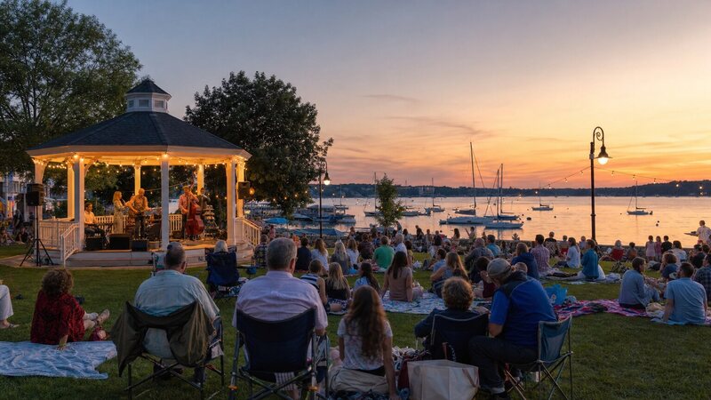 Summer evening concert by Bristol harbor at Independence Park