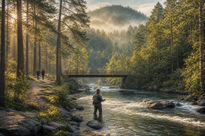 Use the cool hours for Beavers Bend, trails, or river water