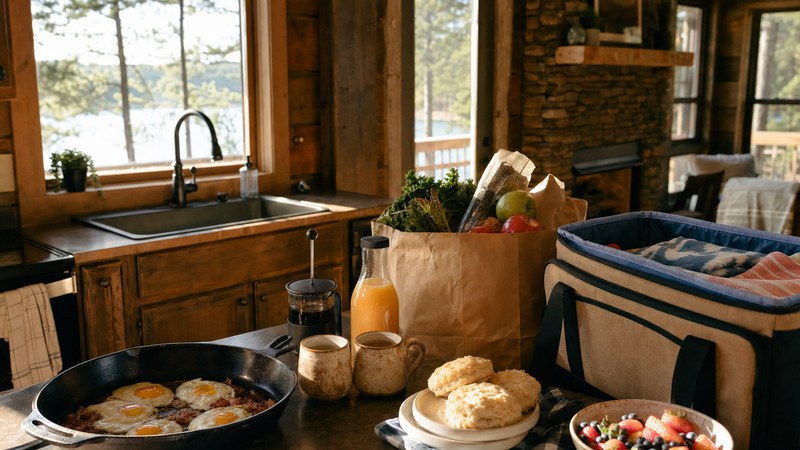 Breakfast and lake-day supplies in a Broken Bow cabin kitchen