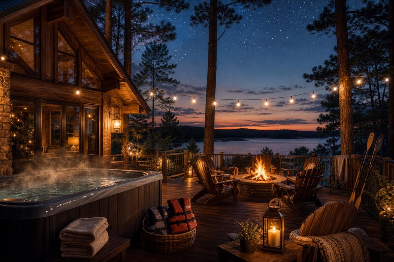 Broken Bow cabin deck at evening