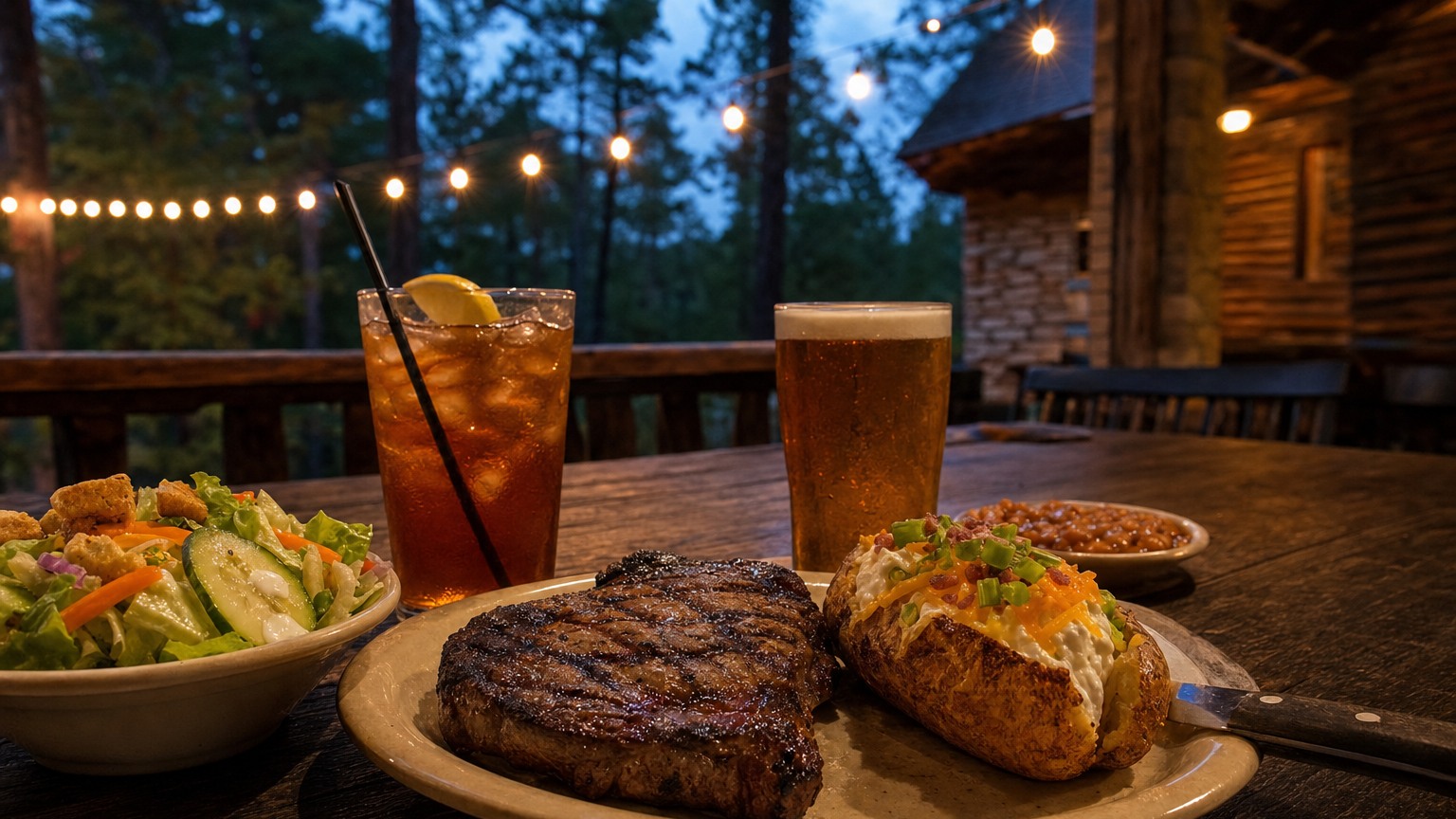Steak dinner on a Hochatown patio at blue hour