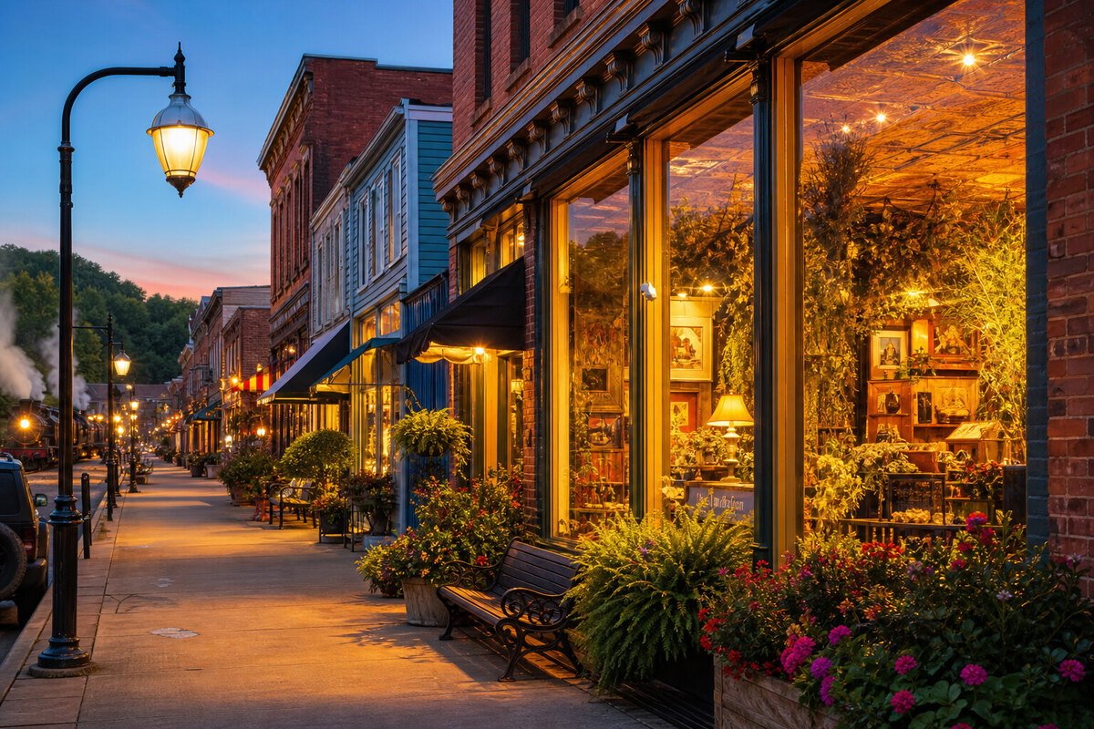 Downtown Bryson City evening near restaurants and lodging