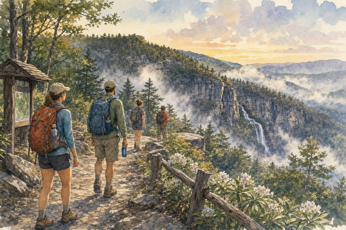 Raven Cliff Falls hikers weighing trail time, water, weather, and the Caesars Head overlook