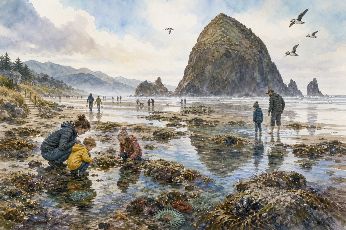 Watercolor cue art of Haystack Rock tide pools, beach access, and puffins at low tide