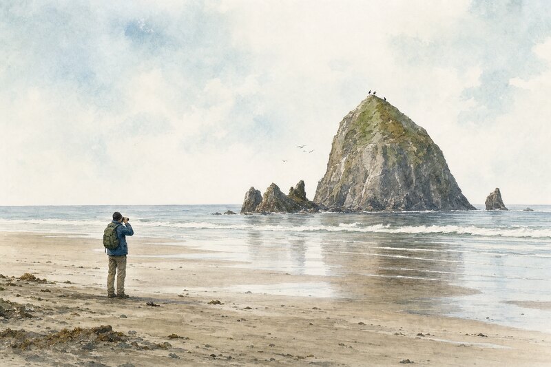 A visitor watching distant tufted puffins at Haystack Rock