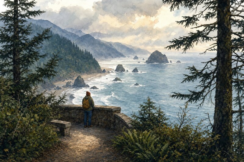 A visitor looking over the forested coastline from Ecola Point