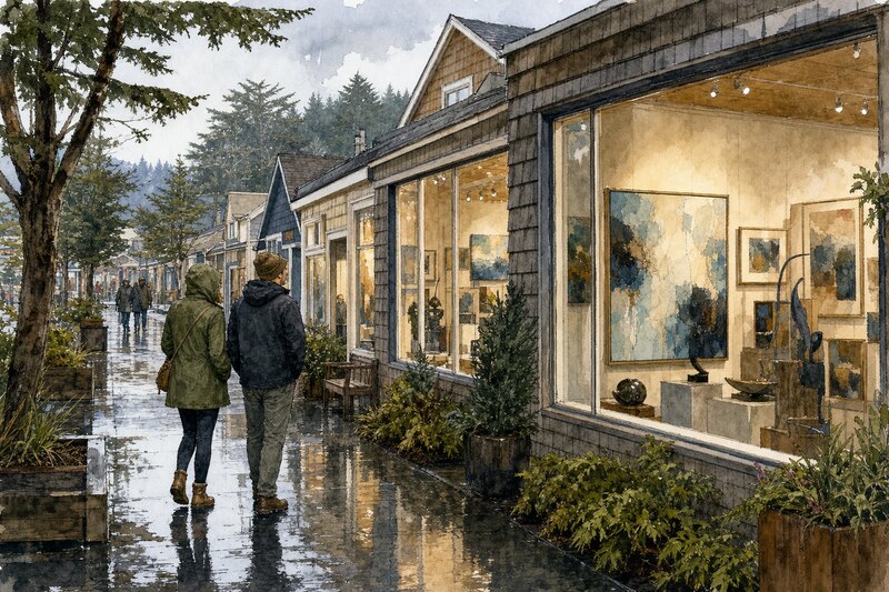 Visitors walking past small galleries on Hemlock Street in the rain