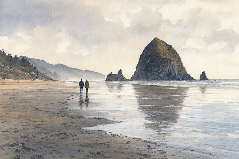 Two people walking across reflective sand near Haystack Rock at low tide
