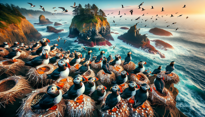 Tufted puffins nesting at Haystack Rock