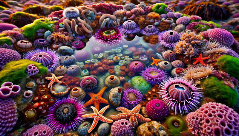 Mid intertidal tide pool with sea anemones and starfish