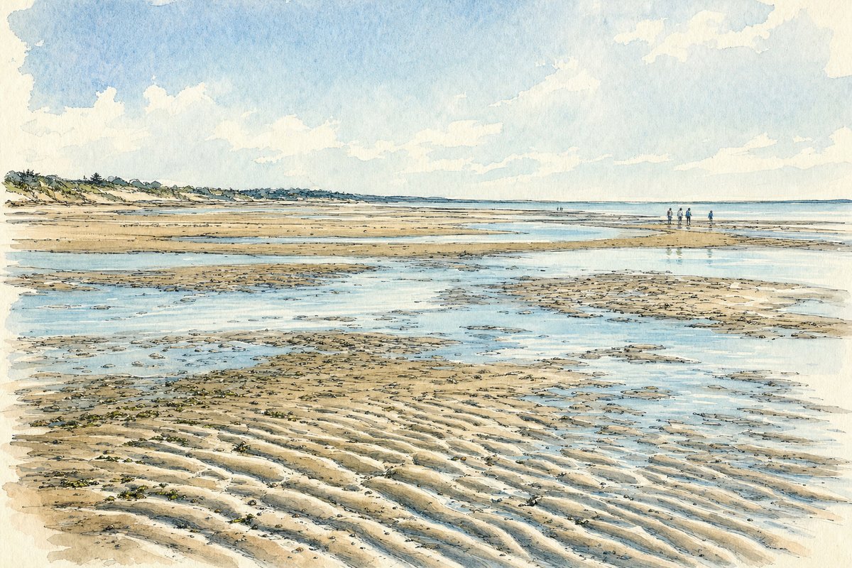 Illustration of tidal flats and shallow pools on a Cape Cod bay beach