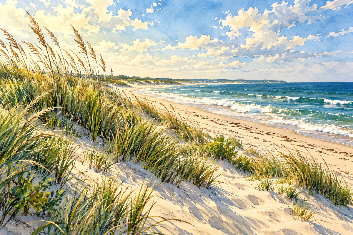 Illustration of grassy coastal dunes and a broad Atlantic beach