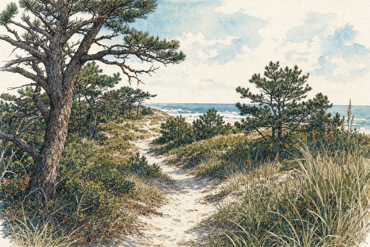 Illustration of a sandy path through coastal dunes