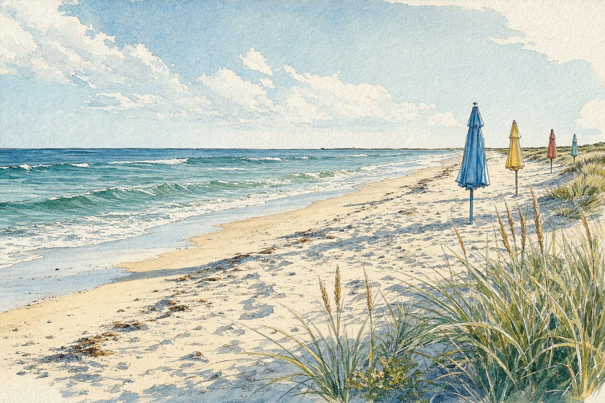 Illustration of beach umbrellas along a sandy shore