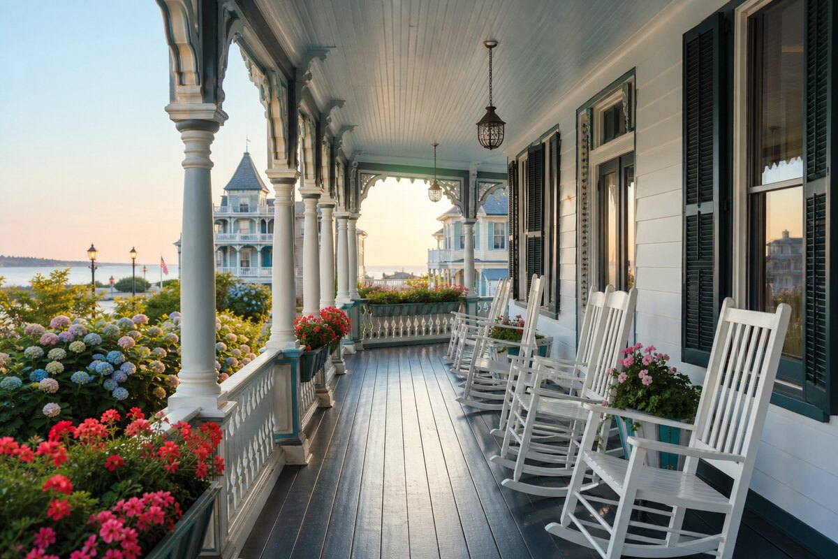 Cape May historic inn porch with seaside light