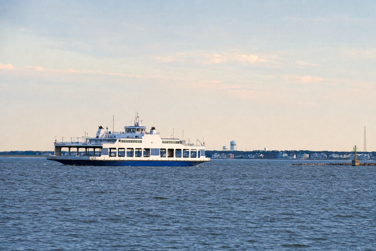 Illustrative vehicle ferry crossing Delaware Bay toward Cape May