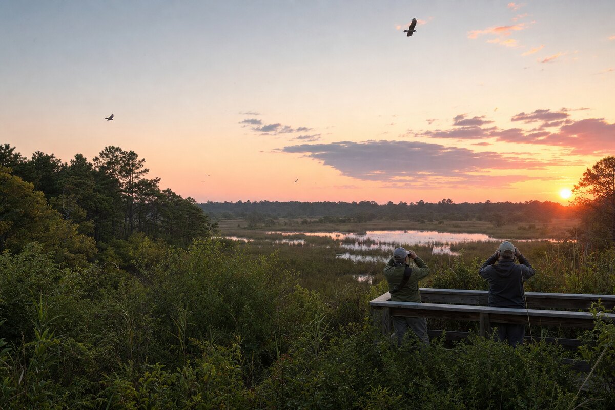 Illustrative birders overlooking Cape May coastal migration habitat