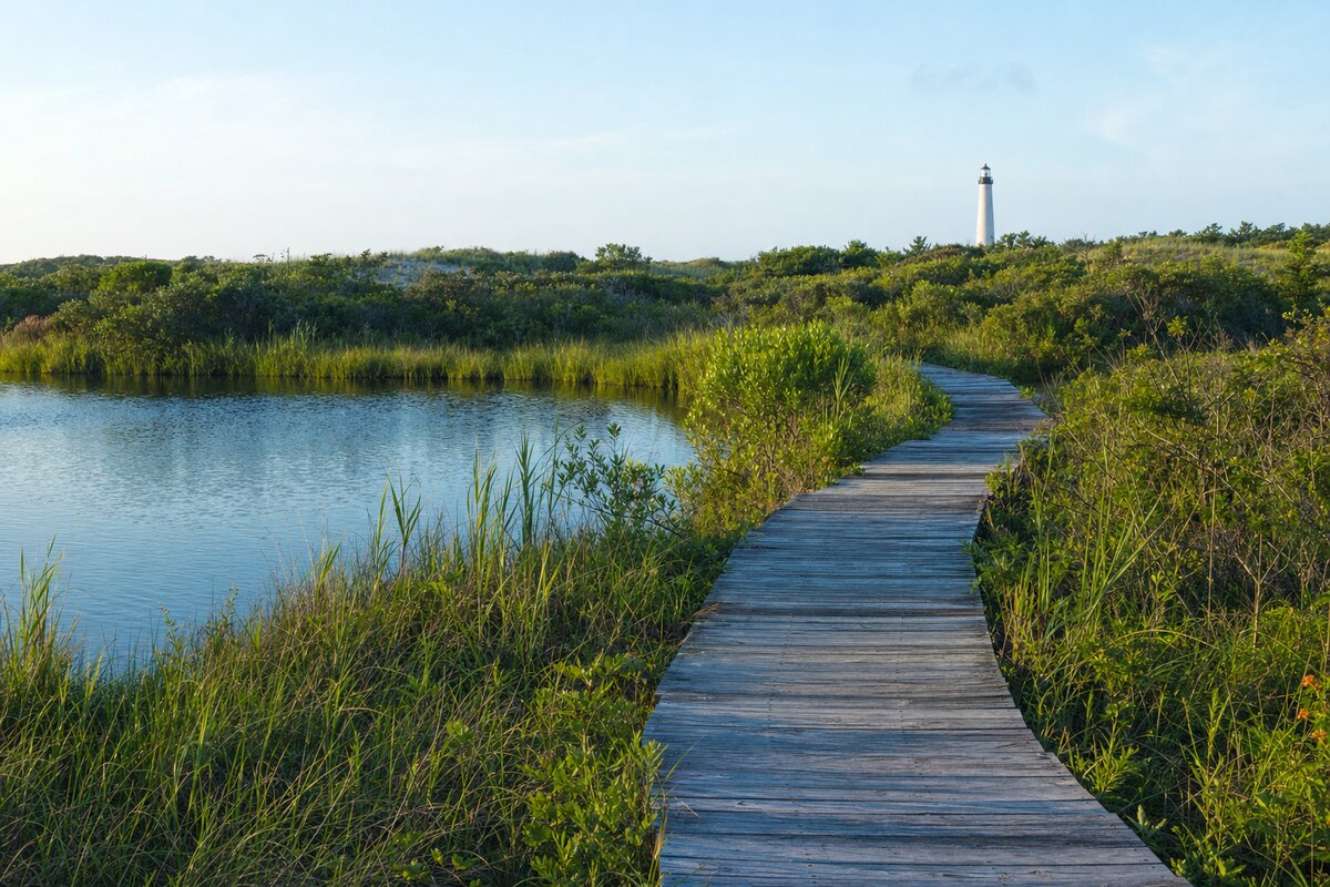 Illustrative pond and boardwalk habitat near Cape May Point