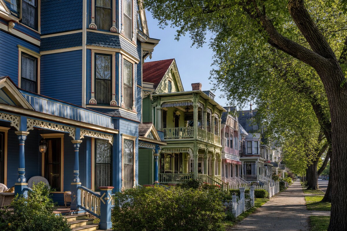 Illustrative Cape May Victorian streetscape with porches and varied rooflines