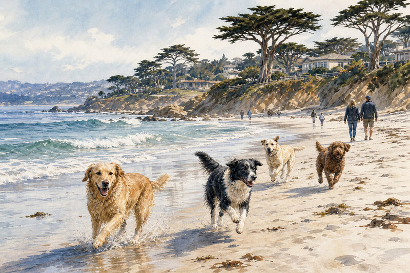 Dogs running off-leash on Carmel Beach