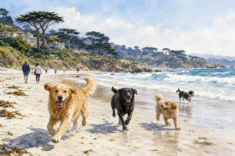 Dogs running off-leash on Carmel Beach