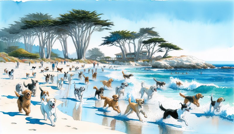 Dogs running off-leash on Carmel Beach