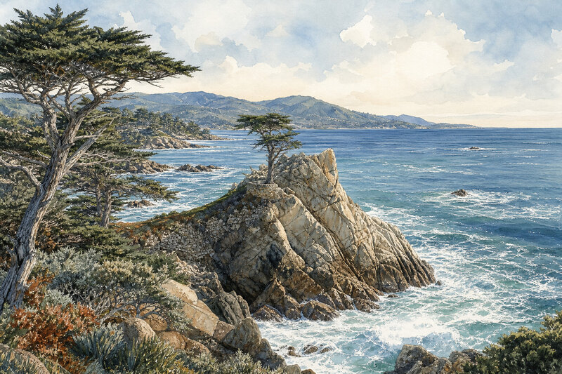 Pebble Beach coastline overlook with fairways and cypress-lined bluffs