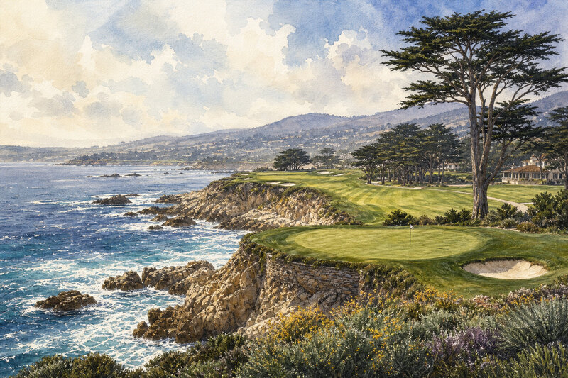 Pebble Beach-inspired finishing hole running beside the Pacific Ocean