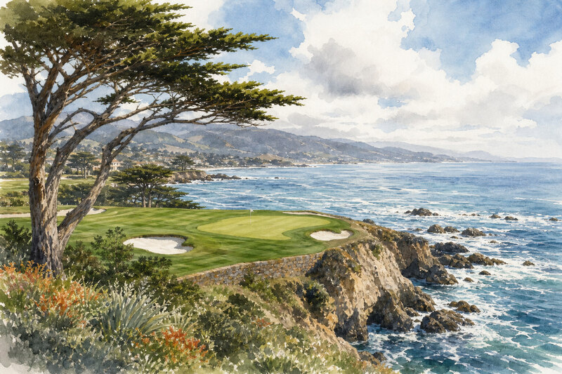 Pebble Beach-inspired short par-3 hole above crashing Pacific surf
