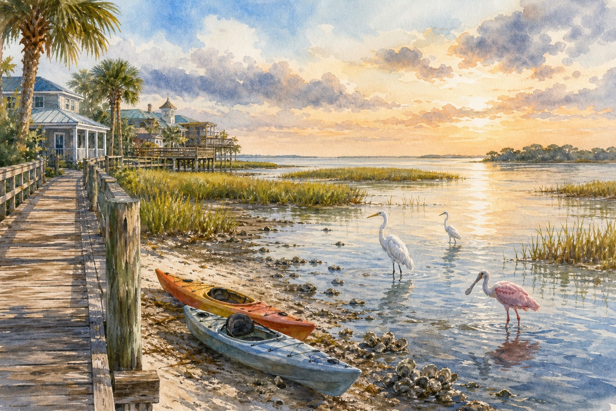 Watercolor cue art of Cedar Key tide flats with kayaks, marsh birds, and shallow Gulf water