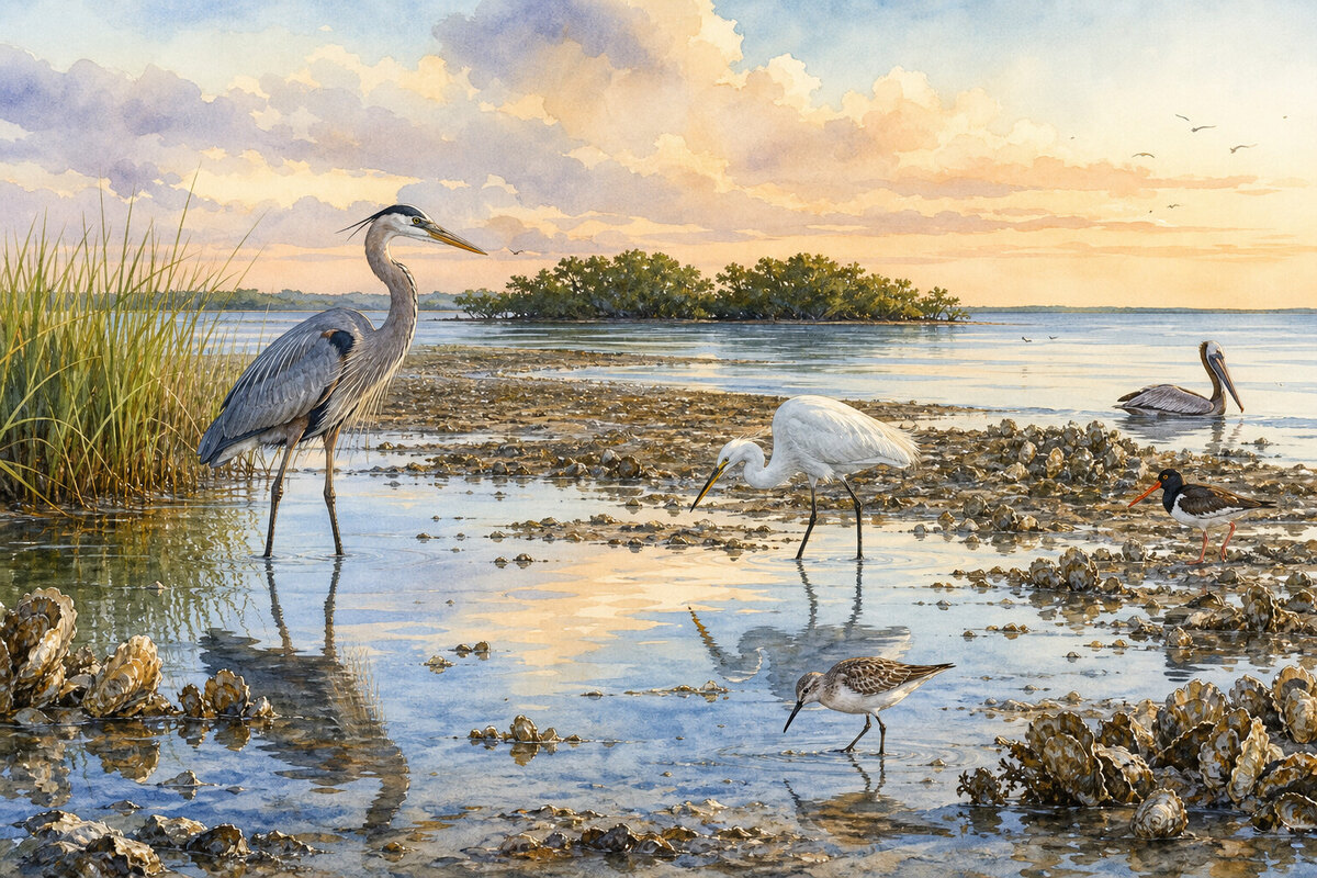 Watercolor cue art of Cedar Key tide flats with kayaks, marsh birds, and shallow Gulf water